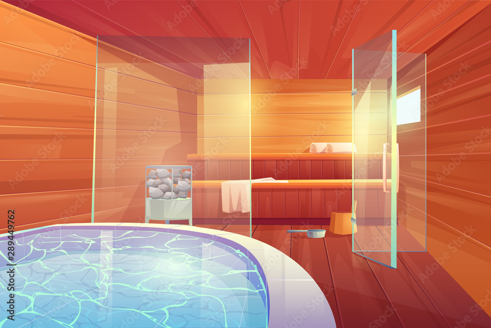 带游泳池和玻璃门的桑拿浴室。带架子的木制浴室的空室内设计