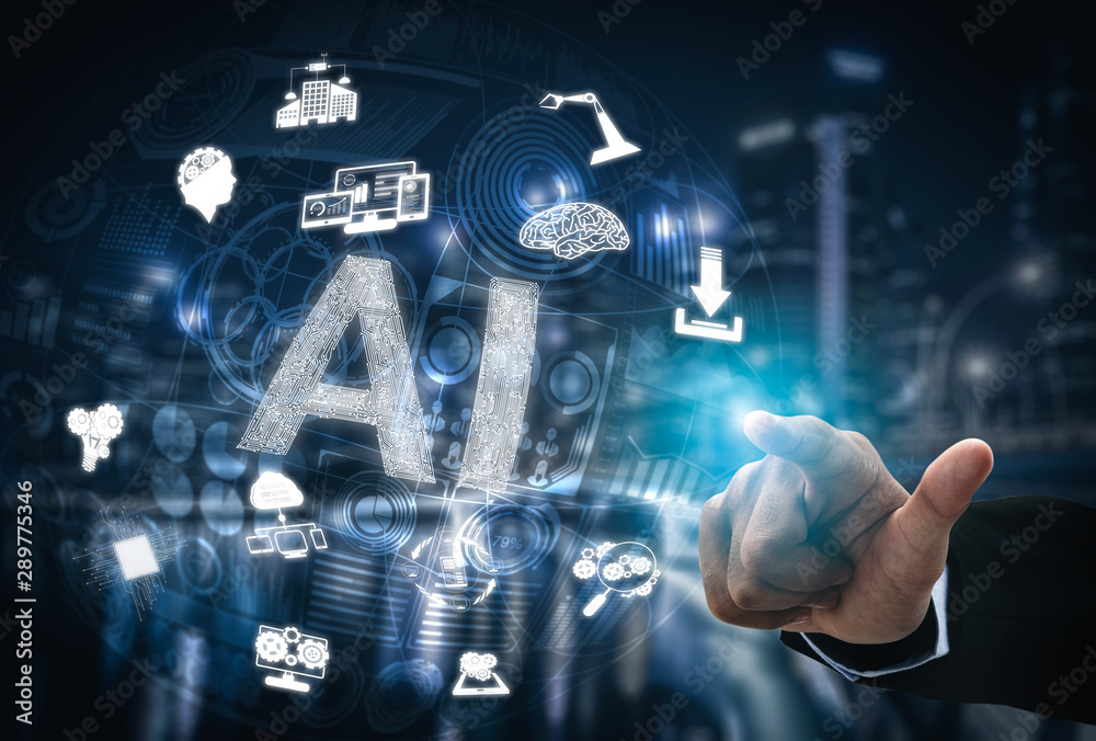 AI Learning and Artificial Intelligence Concept - Icon Graphic Interface showing computer, machine t