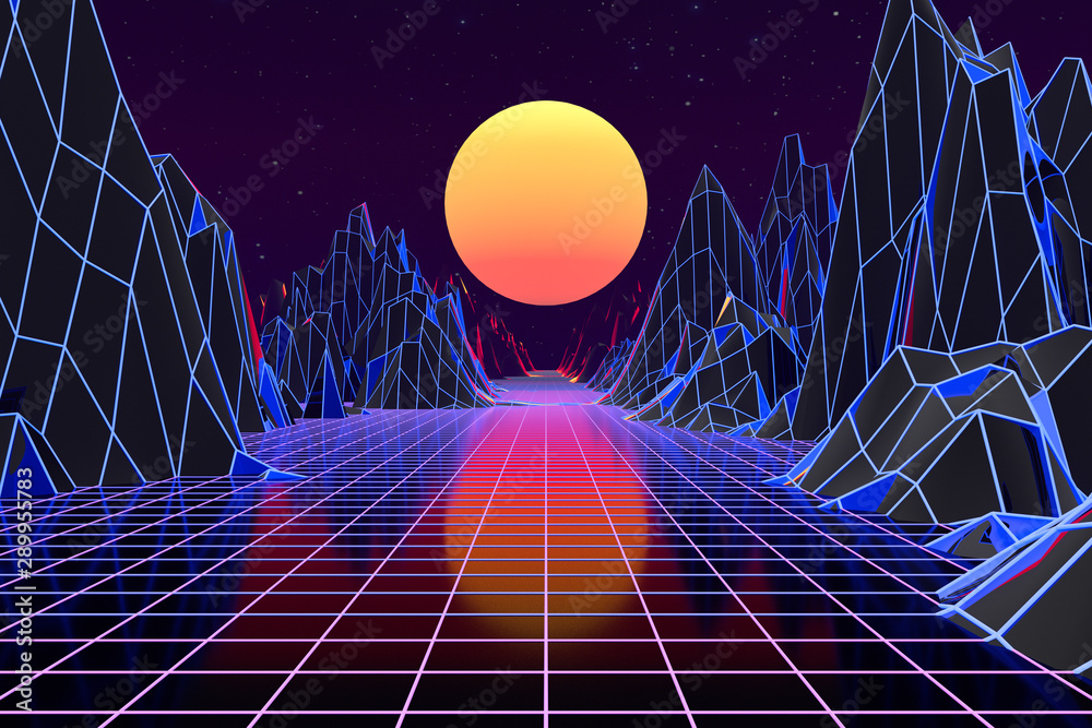 3d background Illustration Inspired by 80s Scene synthwave and retrowave.