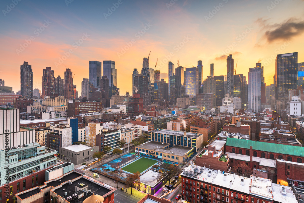 New York, New York, USA midtown Manhattan skyline over Hells Kitchen