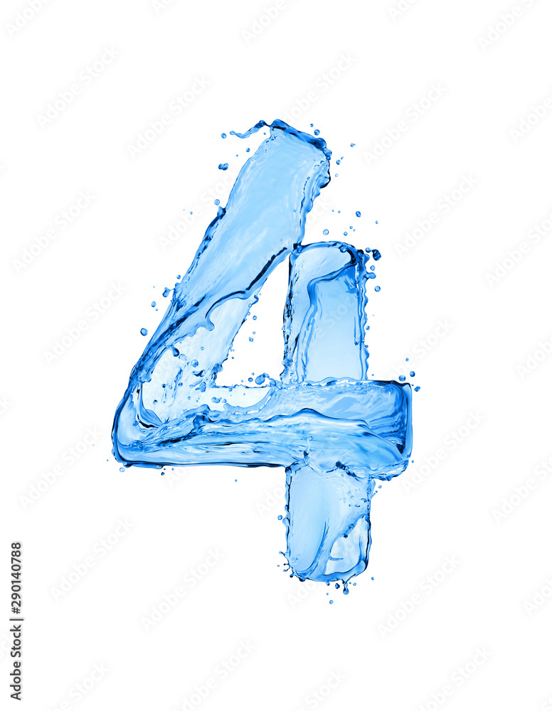 Number 4 made of water splashes, isolated on a white background