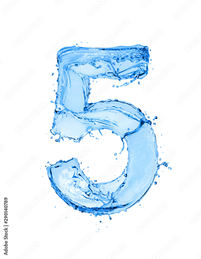 Number 5 made of water splashes, isolated on a white background