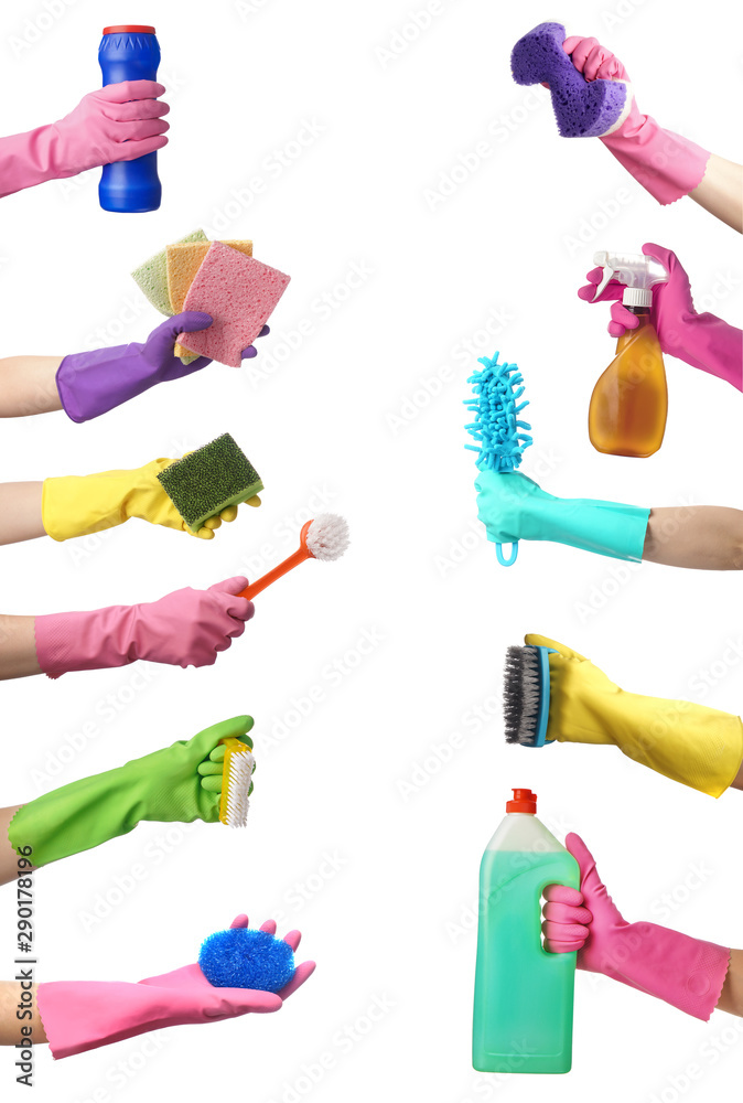白底带清洁用品的手套