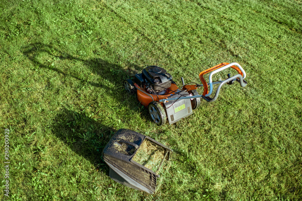 绿色田野上装满草的汽油割草机，俯视图