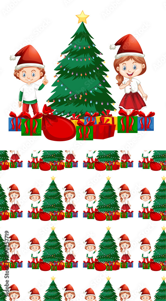 儿童与圣诞树无缝背景设计