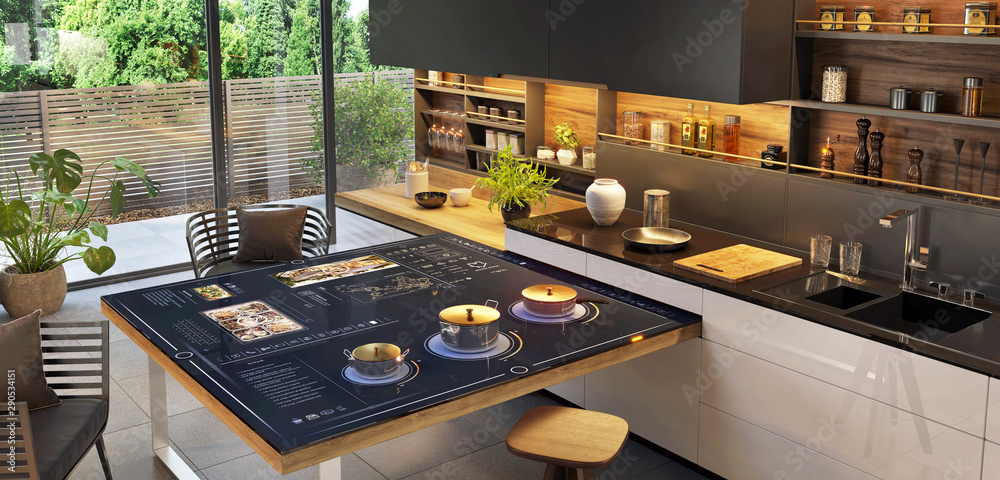 带智能家居控制面板的美丽现代厨房