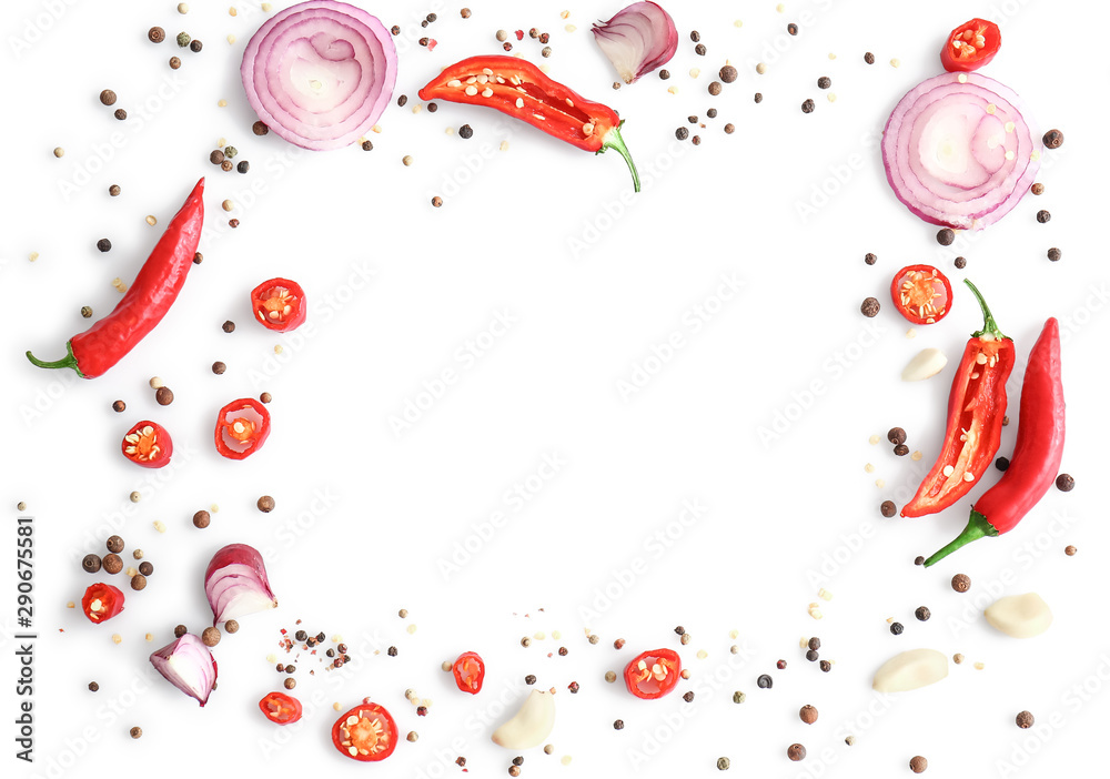 Frame made of different spices on white background