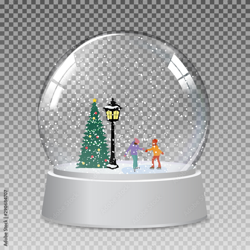 带孩子的雪玻璃地球仪在冬天滑冰，作为圣诞和新年礼物。矢量插图
