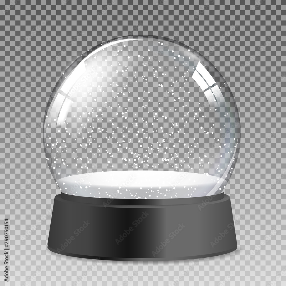 圣诞和新年礼物用逼真的雪花透明玻璃地球仪。矢量插图