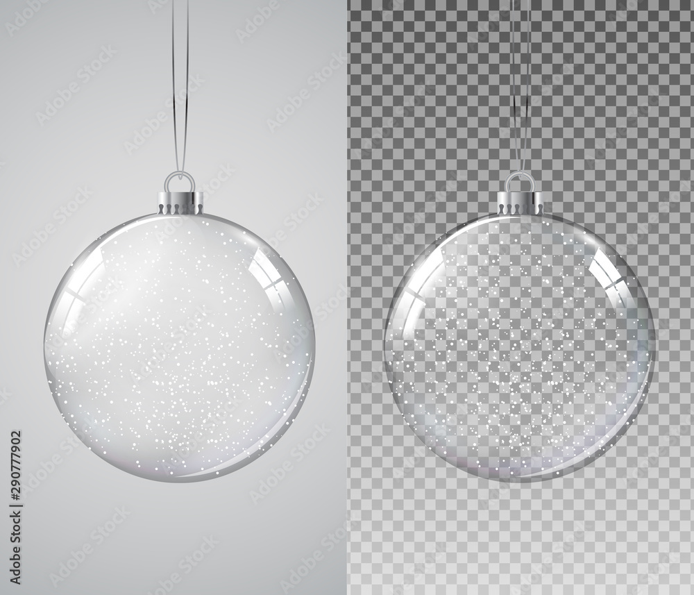 带雪的玻璃透明圣诞球。矢量插图
