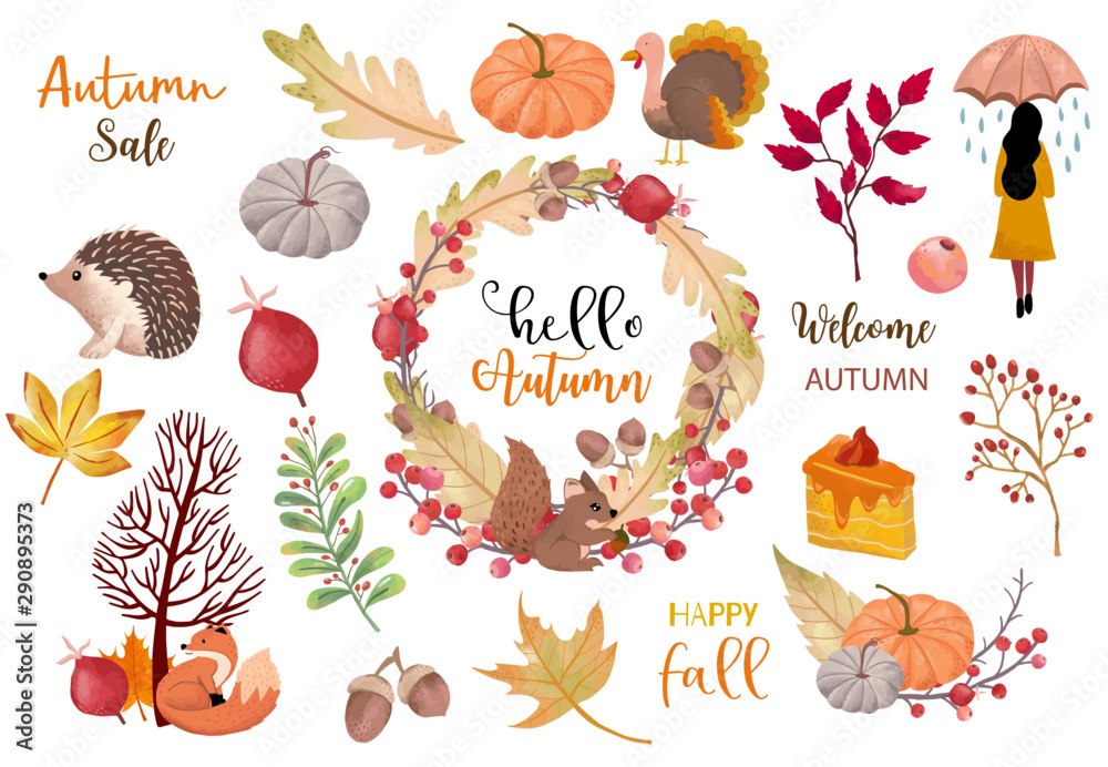 Autumn object collection with pumpkin,hedgehog,woman.Illustration for sticker,postcard,invitation,el