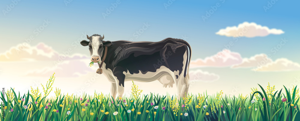 有奶牛的乡村夏季景观。奶牛在开花的草丛中的乡村草地上。光栅插图。