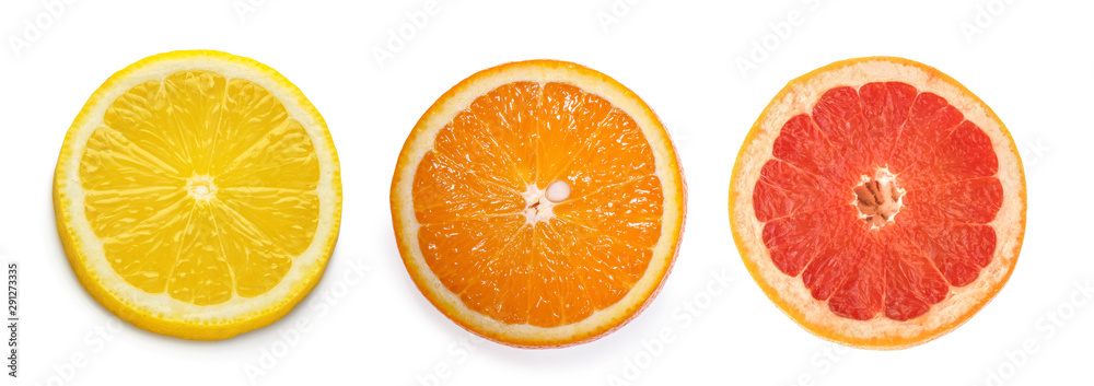 柑橘片、橙子、柠檬、葡萄柚，白底分离