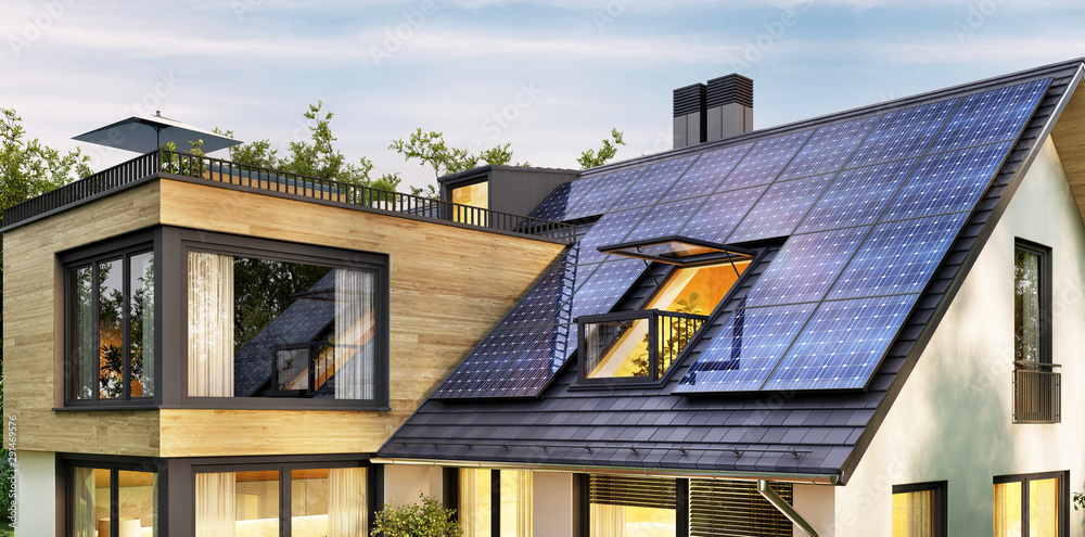 Solar panels on the roof of a modern house