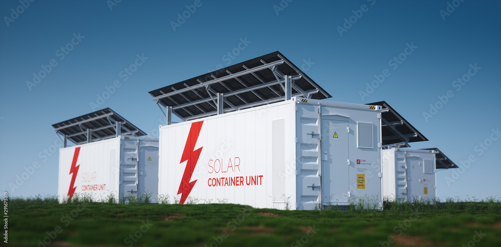 三个太阳能容器单元。白色工业电池储能控制器的三维渲染概念