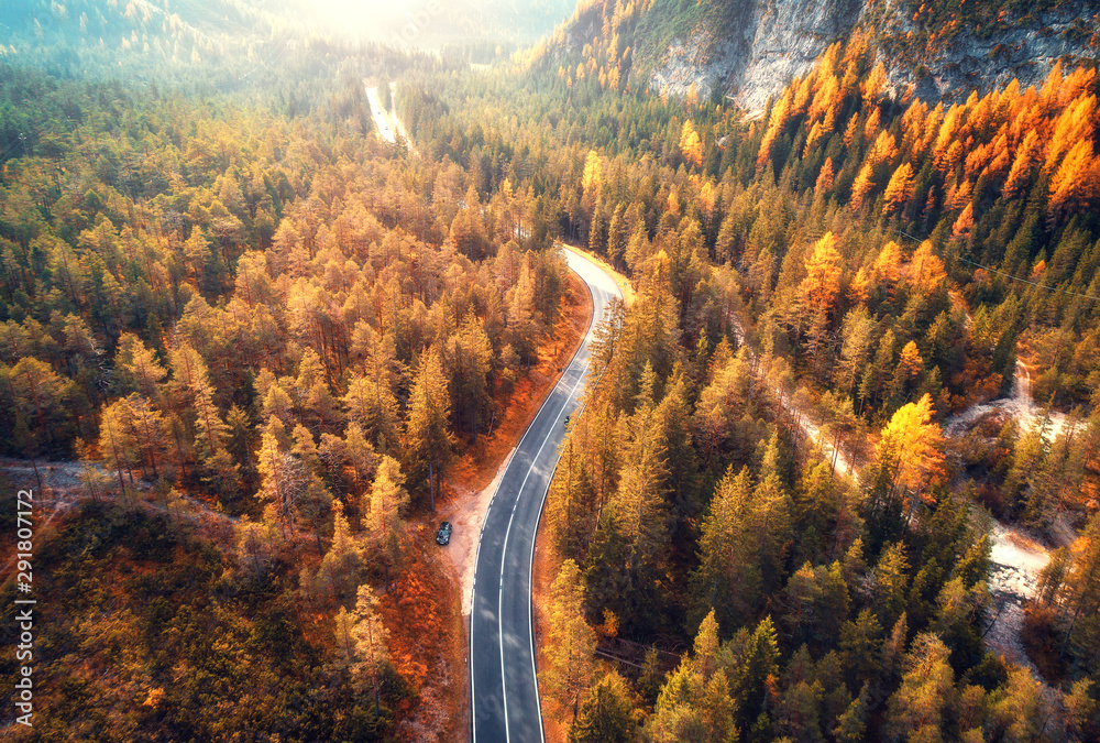 日落时美丽的秋林中的山路鸟瞰图。沥青路面俯视图，