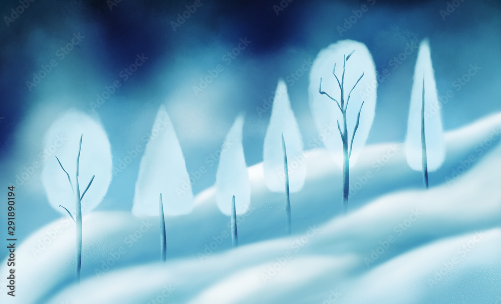 圣诞雪背景。黑暗的蓝色天空上的冬季树木。