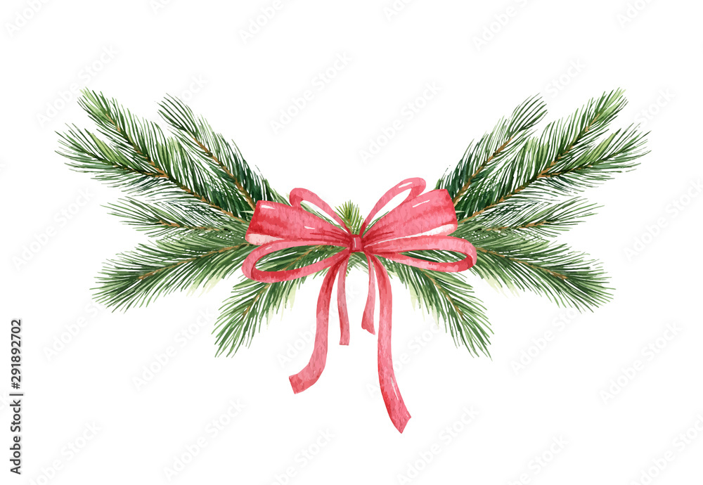 水彩矢量圣诞花环，绿色松枝，红色蝴蝶结。