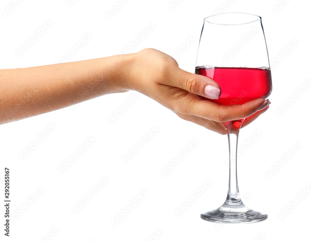 Female hand with glass of wine on white background
