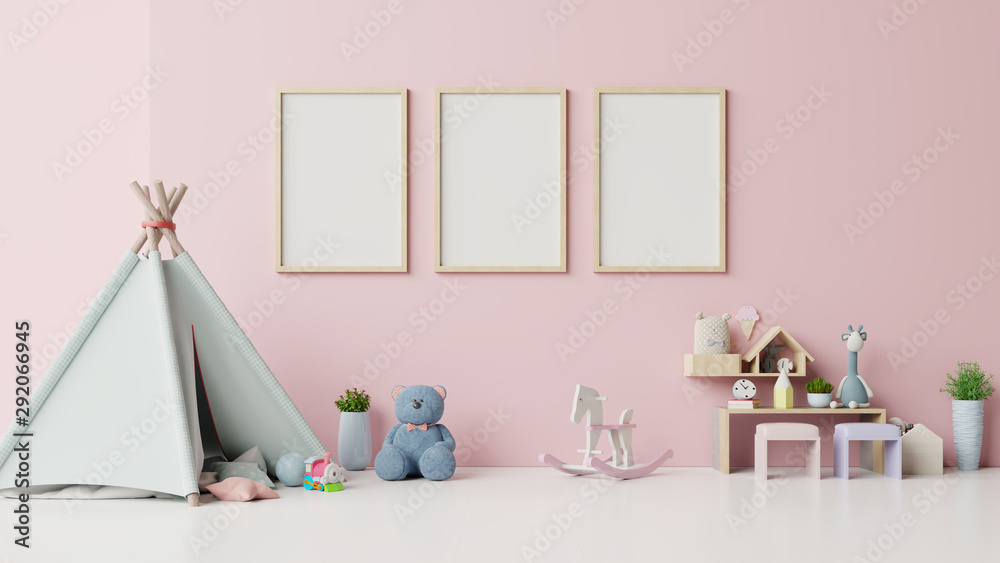 粉色背景的儿童房室内模型海报。