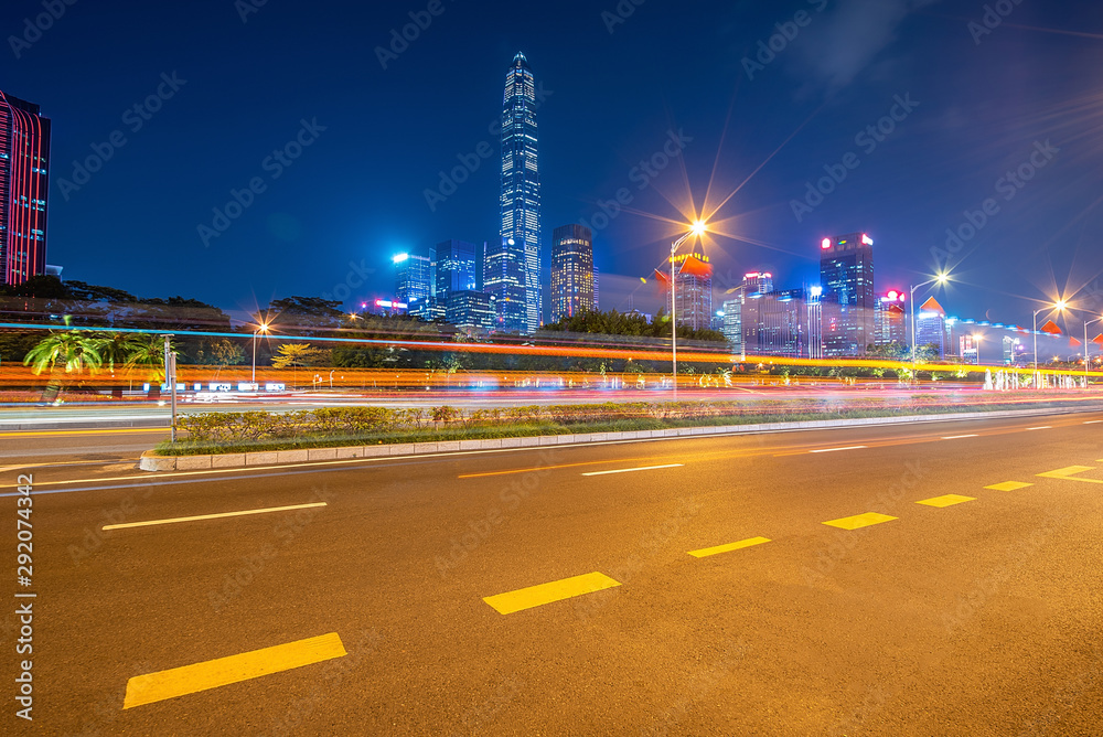 深圳福田CBD大厦与城市道路交通轻轨夜景