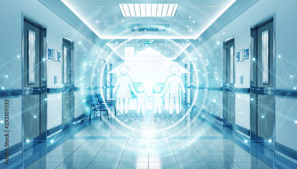 医院蓝色走廊，数字家庭护理图标漂浮在点连接中3D渲染