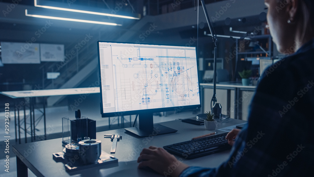 Engineer Working on Desktop Computer, Screen Showing CAD Software with Technological Blueprints. Ind