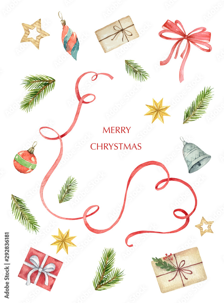 水彩矢量圣诞卡，带有冷杉树枝和节日装饰