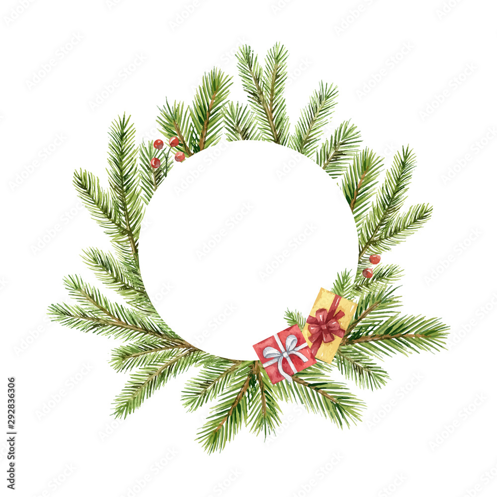 水彩矢量圣诞框架，带有冷杉树枝和礼物。