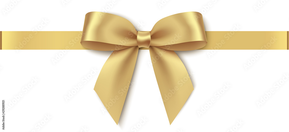 白色背景上隔离的带有水平缎带的装饰性金色蝴蝶结。矢量插图