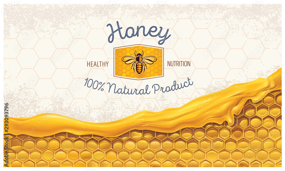 Honey combs with honey, and a symbolic simplified image of a bee as a design element on a textural b