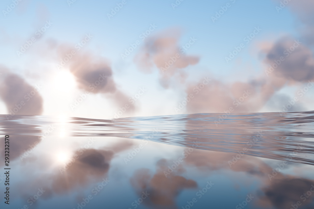 广阔的海洋，阳光穿过云层，3d渲染。