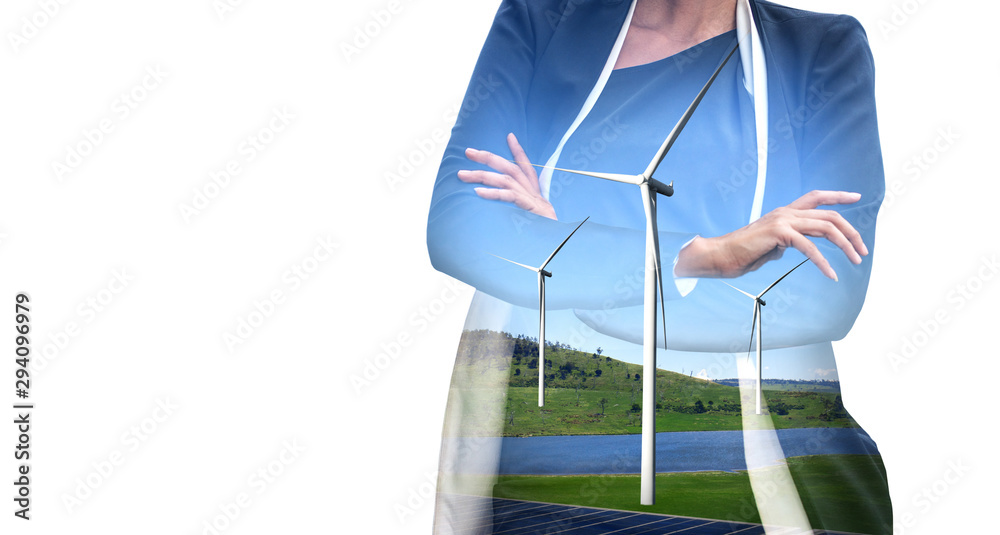 商界人士在风电场和绿色可再生能源领域工作的双重曝光图