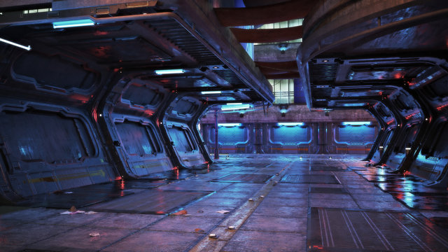Urban city retro futuristic back drop sci fi corridor background with neon accents. 3d rendering.