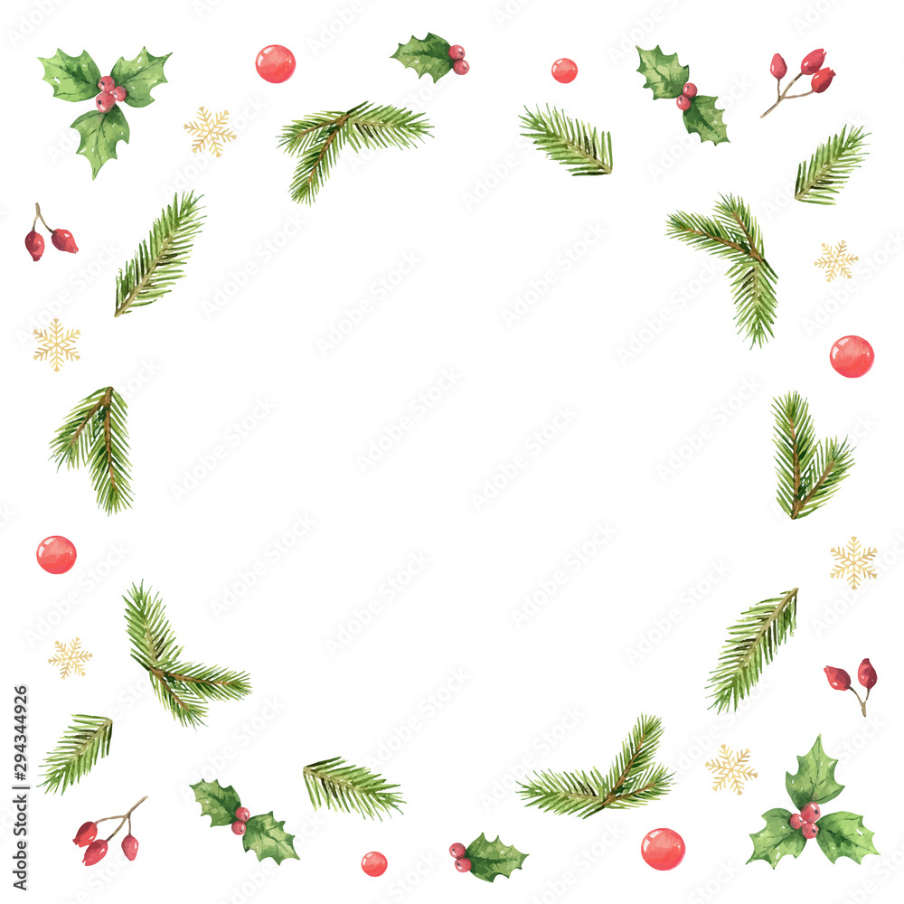 水彩矢量圣诞卡，上面有冷杉树枝和节日装饰。