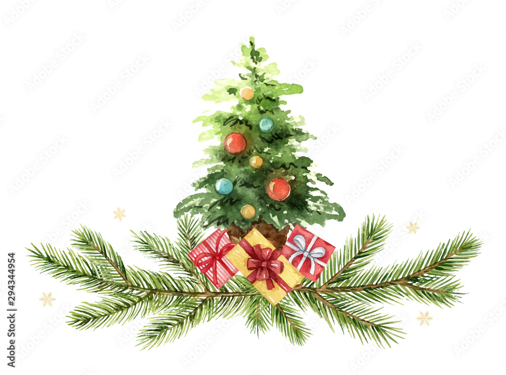 水彩矢量绿色云杉，配绿色圣诞树、礼物和树枝。