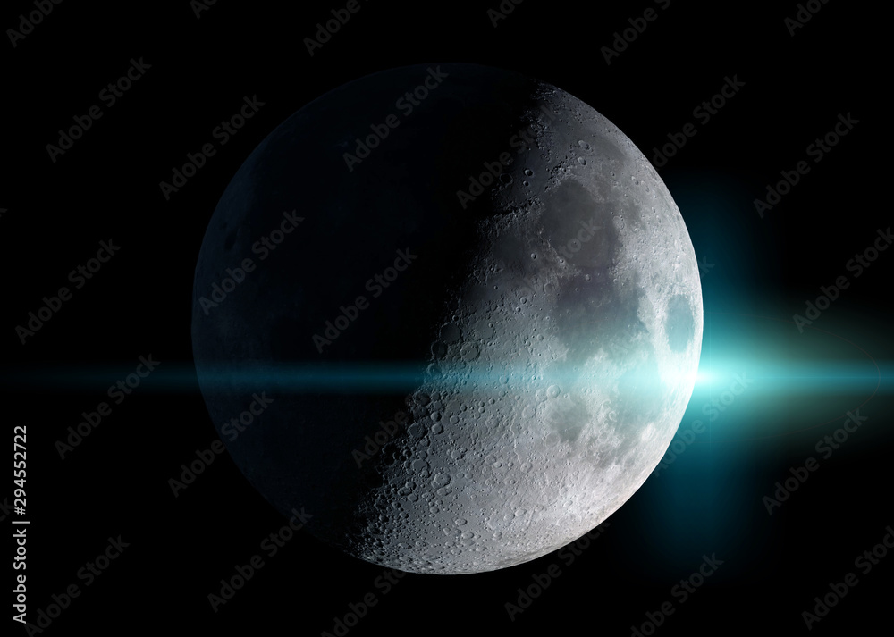 美国国家航空航天局提供的带有恒星的太空半月视图，该图像的3D渲染元素