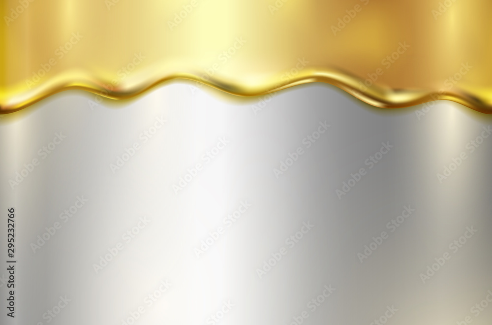 银箔背景上的黄金融化。金色的油滴，金属流动的纹理。矢量梯度液体烟雾