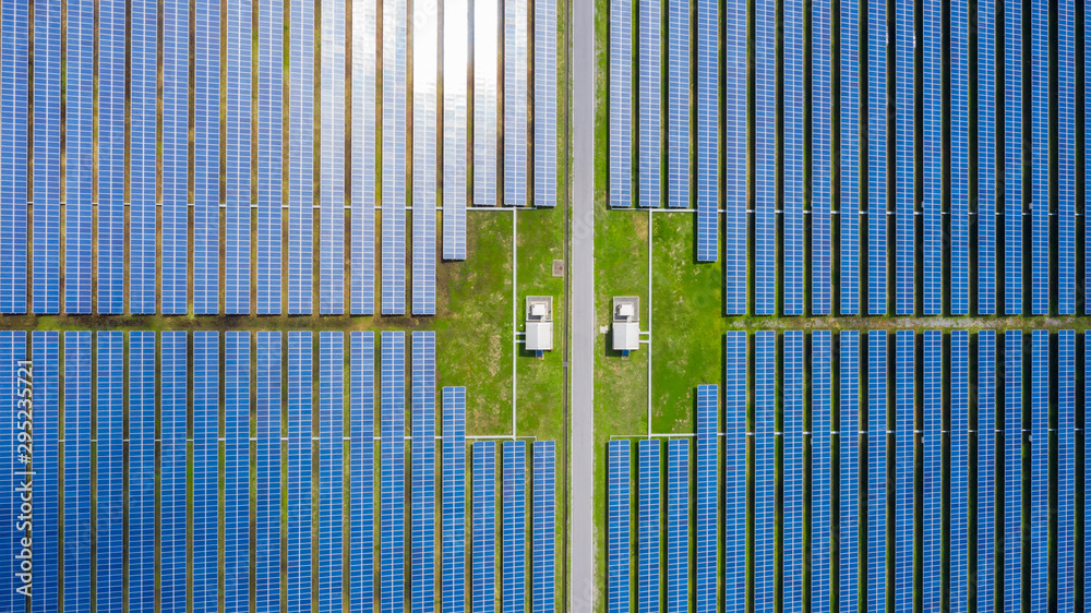 Aerial view Solar panels, Solar energy farm in rural, Thailand.