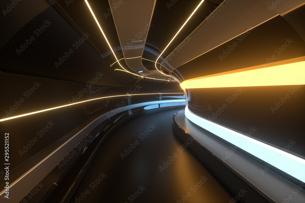 黑暗隧道，尽头有光，3d渲染。