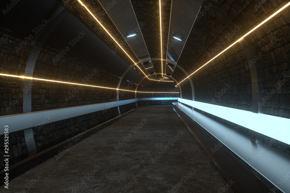 Dark tunnel with light at the end, 3d rendering.
