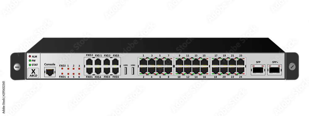 The service router for mounting with a 19-inch rack has 24 Ethernet ports, 1  SFP port, 1  SFP+ port
