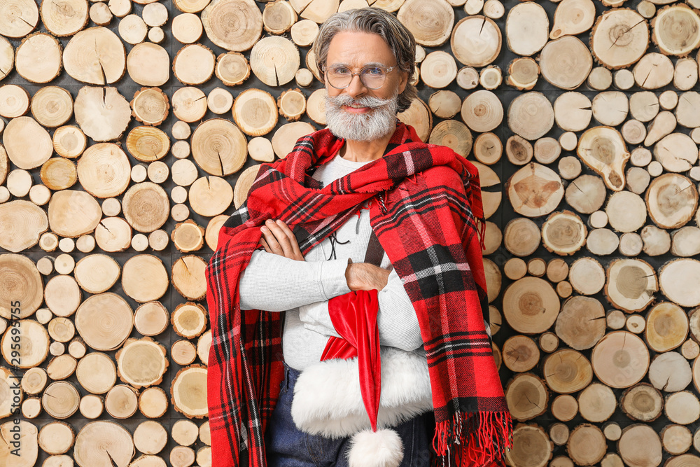 木制背景下时尚圣诞老人的肖像