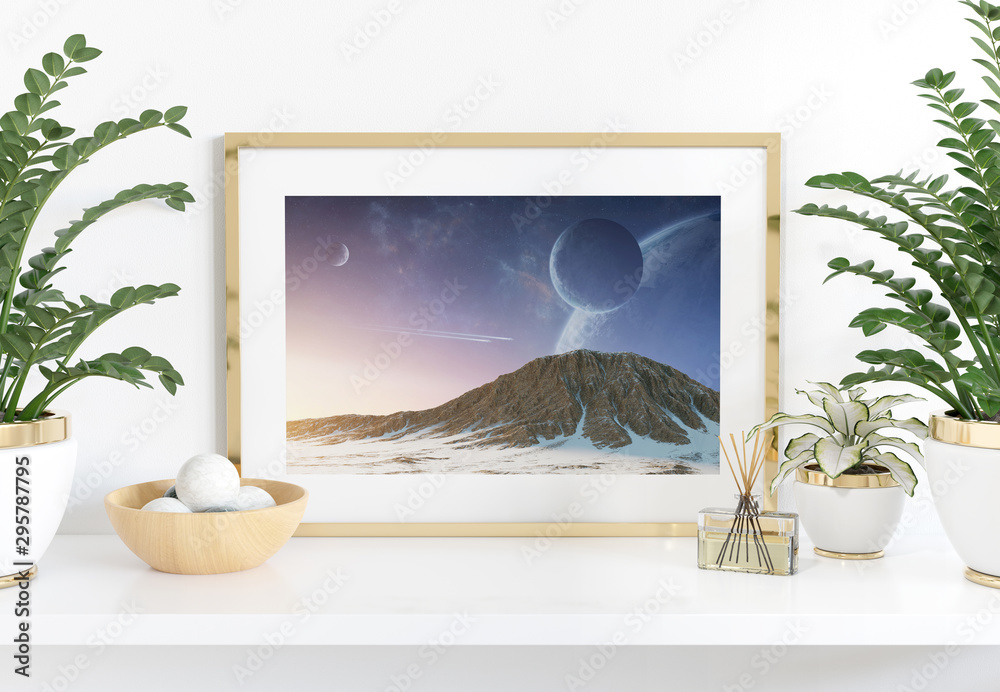 Golden frame leaning on white shelve in interior with plants and decorations mockup 3D rendering
