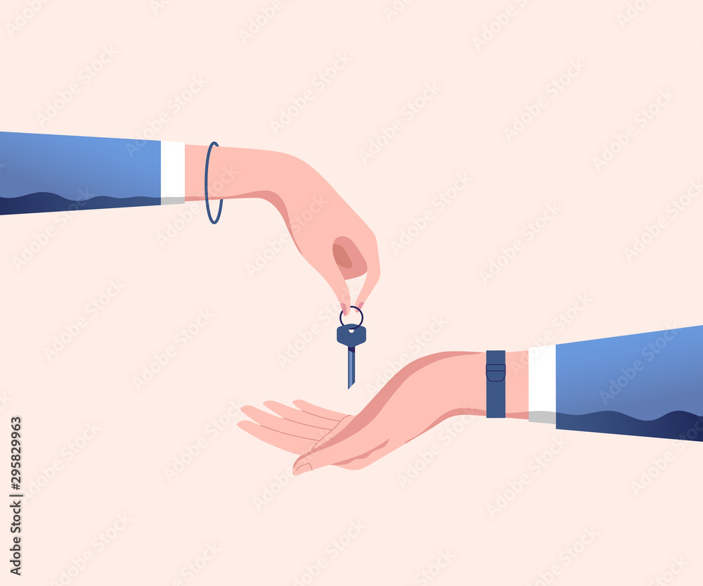 房地产经纪人将房门钥匙交给客户。买房、租房或租房。V