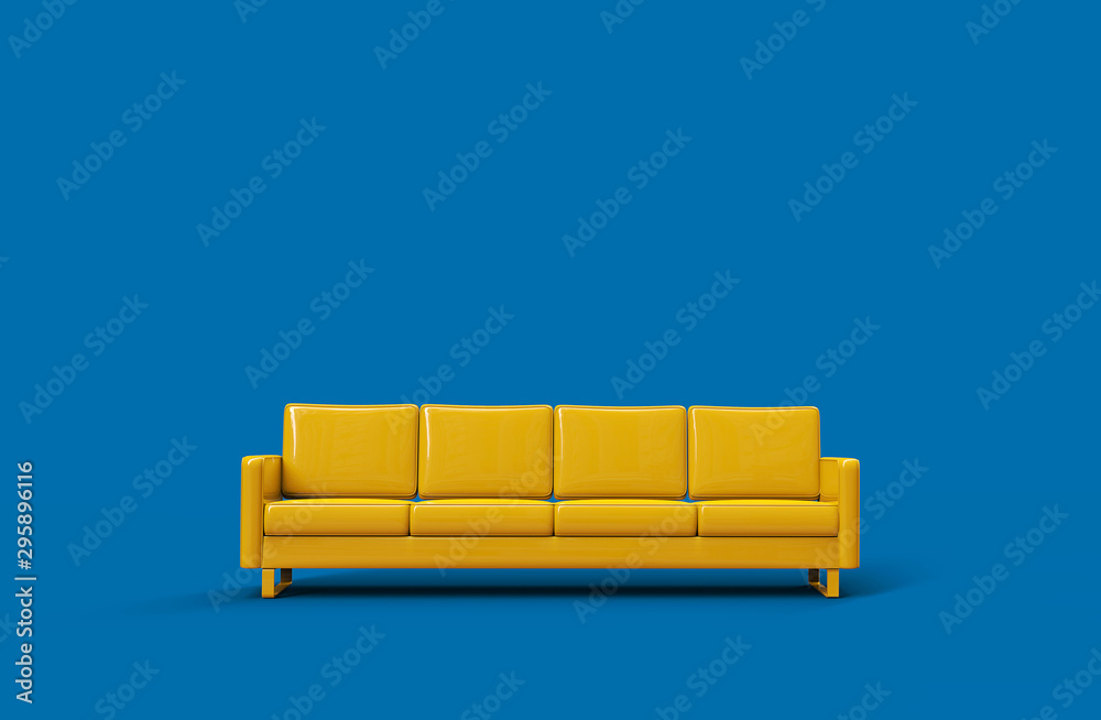 黄色皮革沙发，蓝色背景隔离。3d渲染