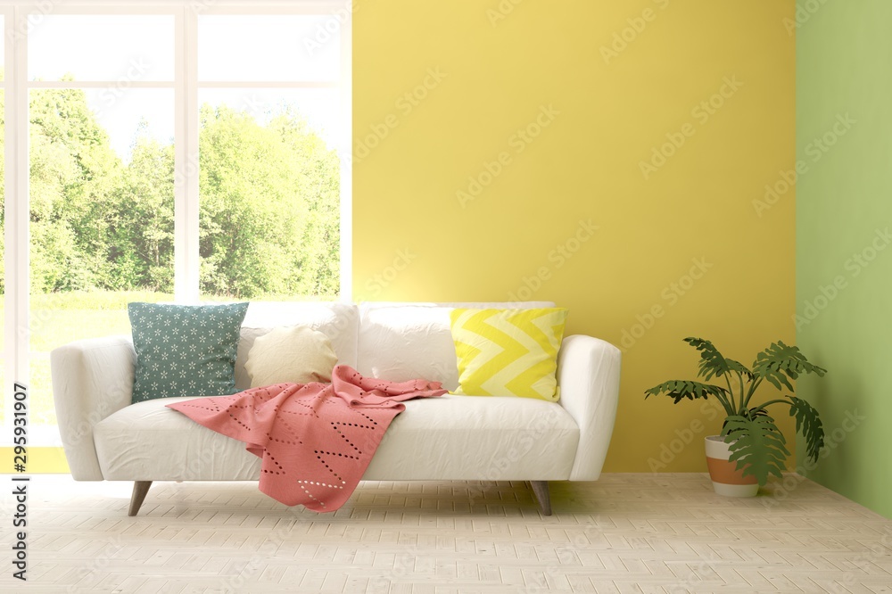 彩色房间，窗户里有沙发和夏季景观。斯堪的纳维亚室内设计。3D插图