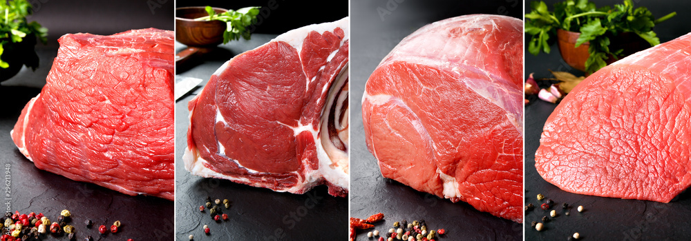 生肉和屠宰产品的美味食物拼贴。a b上的圆形小牛肉和牛排