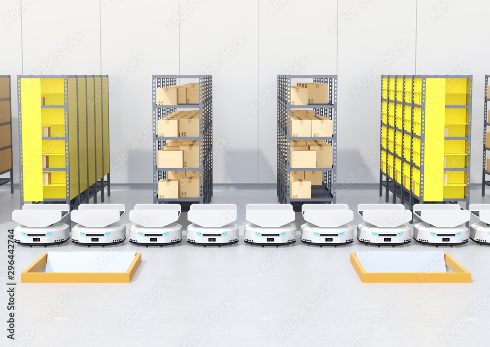 现代仓库中的自主移动机器人系列。3D渲染图像。