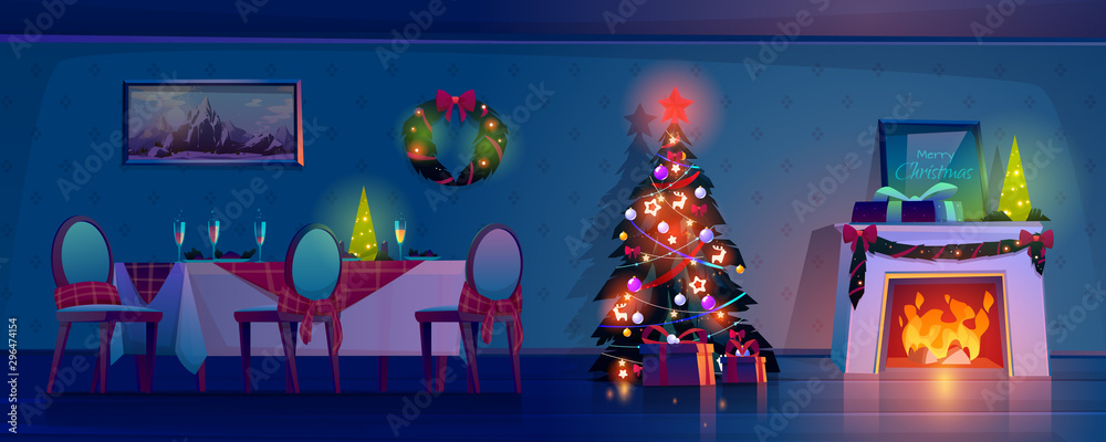 Room at Christmas night, empty home interior with burning fireplace, decorated fir tree with gifts a